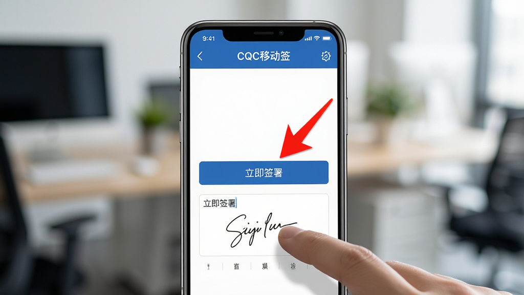 图片主体为一部智能手机竖屏展示“CQC移动签”的操作界面,背景是模糊的办公环境。屏幕上显示一个清晰的红色箭头指向“立即签署”按钮,下方有手写签名输入框。画面构图以手机为中心,采用引导式布局,风格为写实摄影与UI界面结合。细节展示手指点击屏幕的瞬间,画质高清,光线柔和,干净无多余元素。