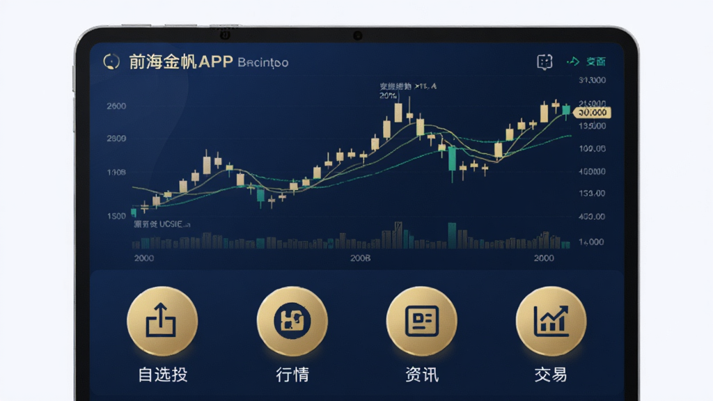 前海金帆APP主界面预览图,整体采用深蓝色与金色搭配的商务风格,界面中央展示实时股票走势K线图,下方分布着自选股、行情、资讯、交易四个圆形功能图标,布局清晰简洁,数字大屏质感,画质干净无多余元素