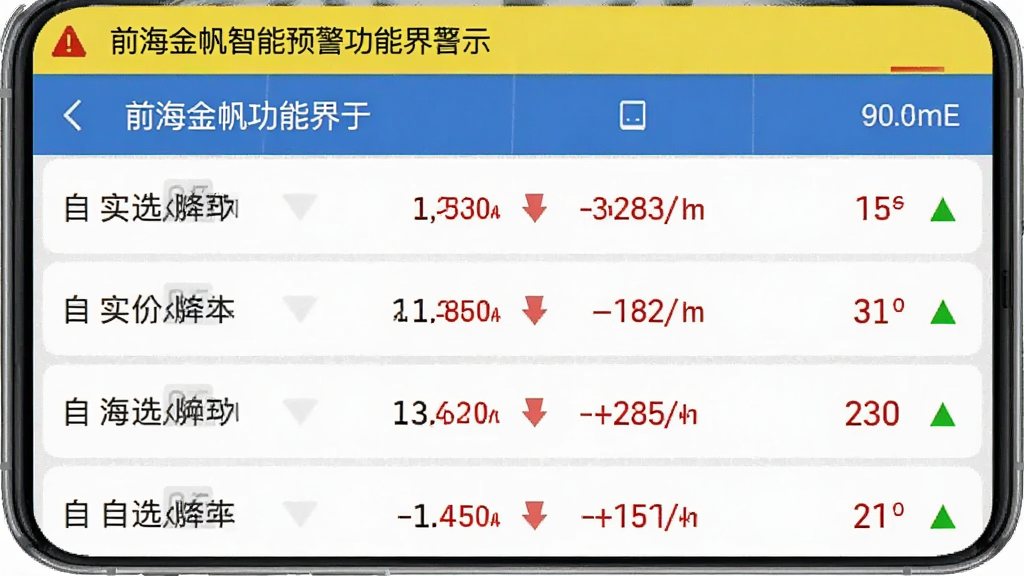 前海金帆智能预警功能界面截图,手机屏幕上以列表形式展示多只自选股的实时价格变动,红色和绿色箭头清晰标注涨跌方向,顶部有黄色高亮的预警提示条,背景为浅灰质感,排版规整,画质干净