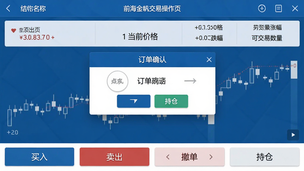 前海金帆交易操作页面展示,底部是买入、卖出、撤单、持仓四个功能按钮,中间显示股票名称、当前价格、涨跌幅以及可交易数量,订单确认窗口弹出在屏幕中央,界面风格商务蓝搭配白色背景,布局直观,文字清晰,画质干净