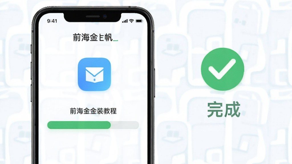 前海金帆安装教程示意图,画面展示手机屏幕上的安装进度条,背景是简洁的应用程序安装界面,旁边有对勾图标和“完成”字样,整体风格清新明亮,构图清晰,画质干净