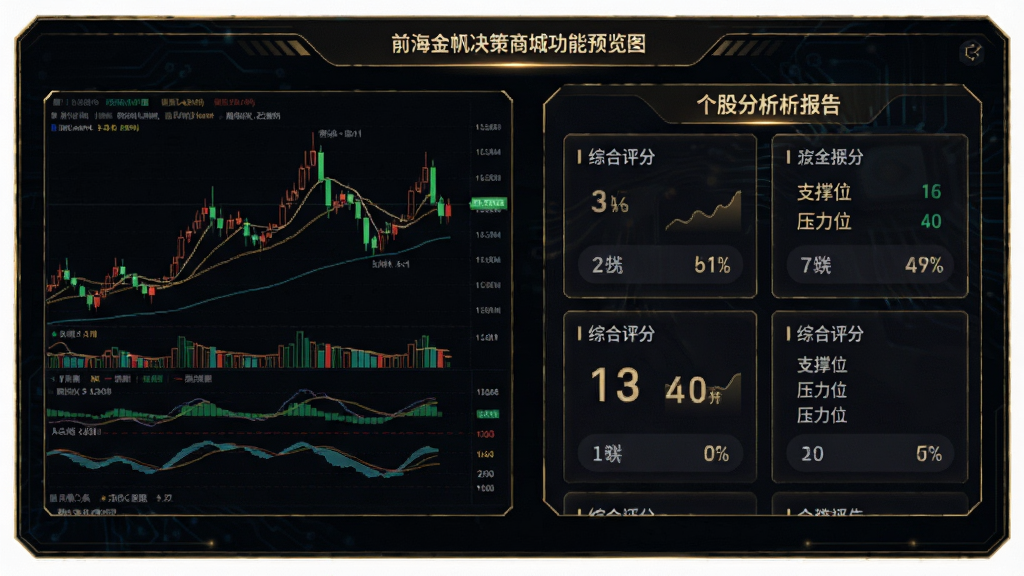 前海金帆决策商城功能预览图,画面左侧是股票K线图及技术指标线,右侧是AI生成的个股分析报告卡片,包含综合评分、支撑位、压力位等数据,背景为深色科技感界面,金色线条勾勒边框,排版专业,画质干净