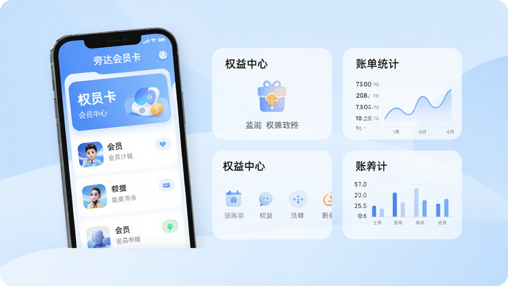 旁达会员软件主界面展示,手机屏幕内显示会员卡列表、权益中心、账单统计等模块,背景为浅蓝色渐变,整体风格简洁现代,界面排版清晰,图标圆润,画质高清干净,无多余元素
