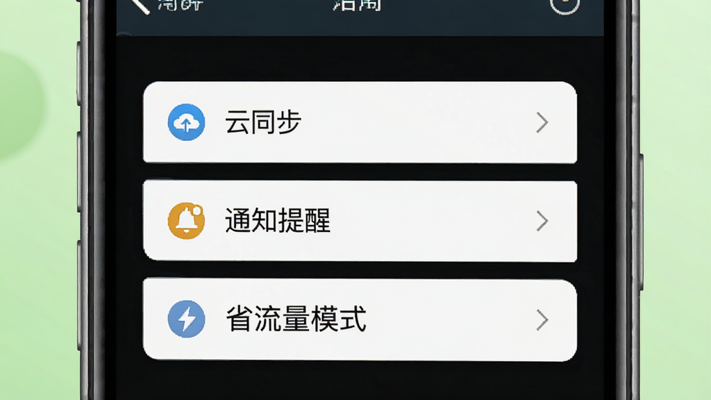 旁达会员使用教程插图,手机屏幕显示设置界面,包含“云同步”、“通知提醒”、“省流量模式”等选项,背景为浅绿色,风格写实,布局清晰,画质高清,无多余元素