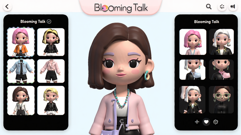 一张展示Blooming Talk虚拟形象定制功能的界面,主体为3D卡通人物形象,正在展示不同服装和配饰,布局为中央形象加两侧选择栏,排版简洁明快,风格可爱时尚,细节包括发色和表情的多种选项,画质细腻,干净无多余元素。