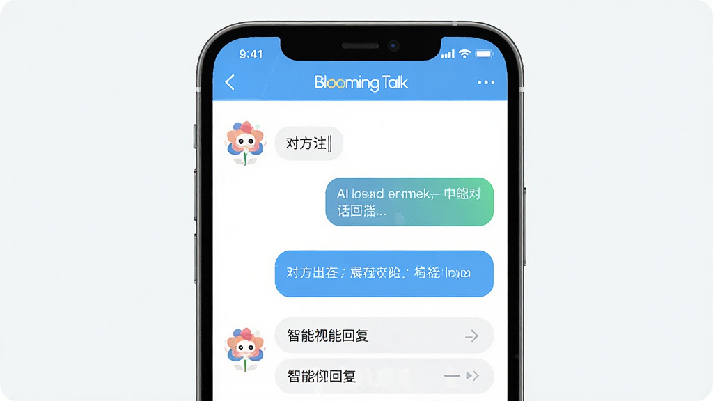 一张展示Blooming Talk智能对话功能的界面图,主体为手机屏幕中的AI聊天窗口,AI助手头像为花朵造型,布局为左右对话气泡,排版整齐有序,风格清新明亮,细节包括对方正在输入的指示和智能回复选项,画质高清,干净无多余元素。