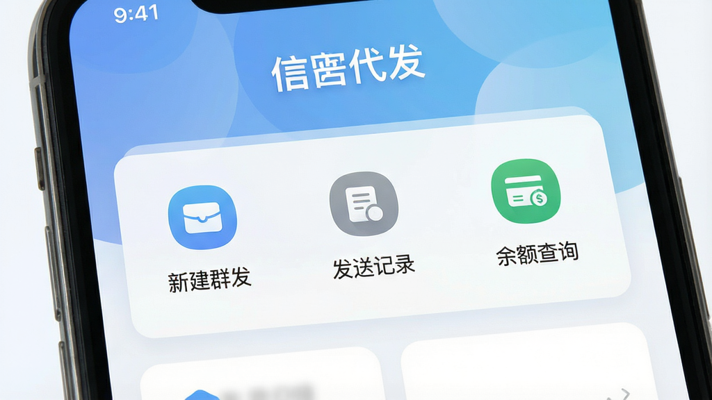 画面主体为一部智能手机屏幕特写,屏幕中央显示“信蜂代发”APP主界面,界面包含“新建群发”、“发送记录”、“余额查询”等清晰功能图标,背景为柔和的蓝白渐变,整体布局干净利落,现代扁平化风格,细节丰富,画质高清,无多余元素。