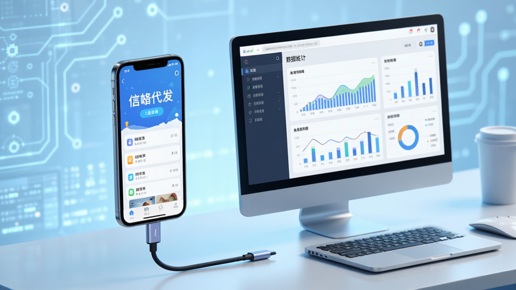 画面主体为手机与电脑并排连接的示意图,手机屏幕显示“信蜂代发”应用界面,电脑屏幕显示数据统计,背景为浅蓝色科技感,现代商务风格,布局协调,细节丰富,画质高清。