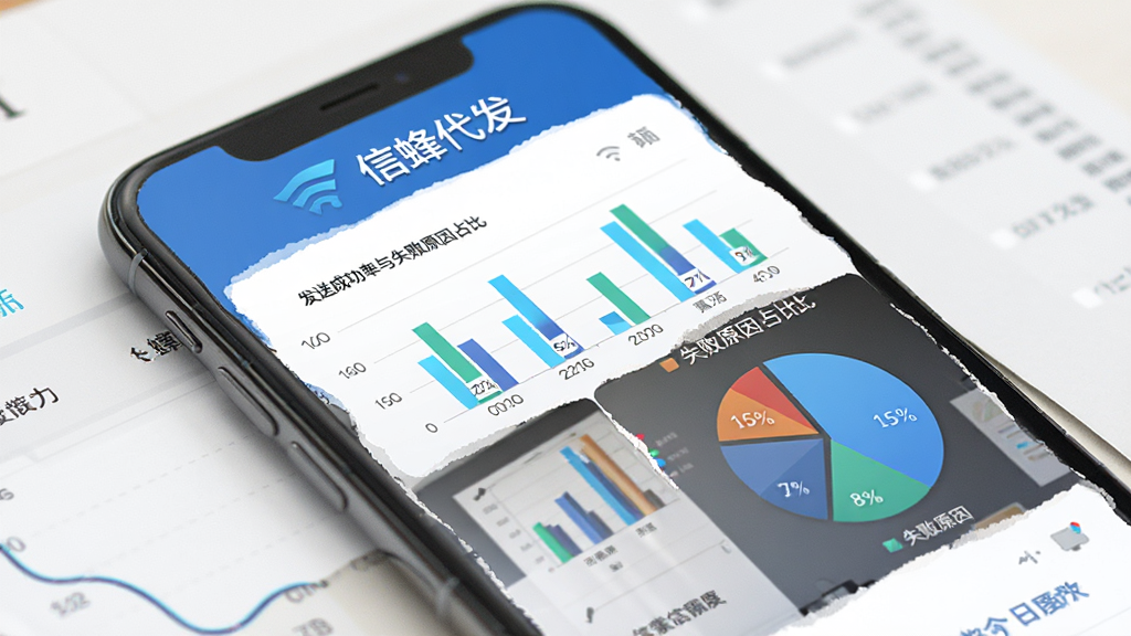 画面主体为手机屏幕展示数据统计图表,包含柱状图与饼图,显示发送成功率与失败原因占比,顶部有“信蜂代发”品牌名称,背景为白色简洁界面,商务数据风格,布局合理,细节清晰,画质高清。