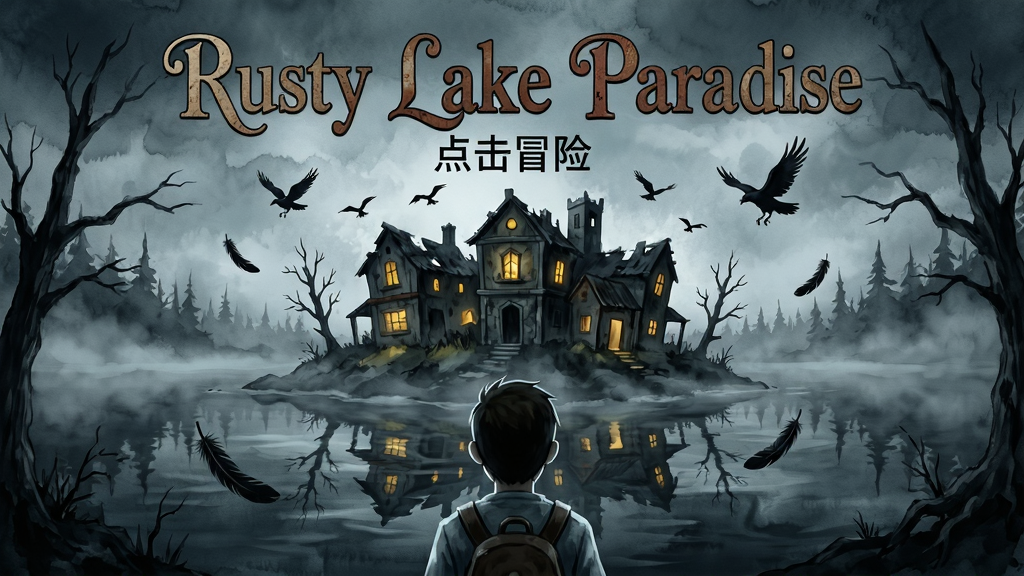主体:锈湖天堂岛游戏主视觉,一座阴森的小岛矗立在昏暗湖面中央,岛上建筑破败,乌鸦盘旋。布局:画面中央为岛屿远景,周围环绕浓雾与枯树,前景露出主角雅各布的半身背影。排版:游戏标题“Rusty Lake Paradise”以复古花体字置于画面上方,下方为“点击冒险”小字。风格:延续锈湖系列标志性的手绘暗黑水彩风,色调偏冷,高对比光影。细节:岛上窗户透出暖黄灯光,湖面倒影扭曲,空中飘落黑色羽毛。画质:4K超清,细腻笔触,干净无多余元素。