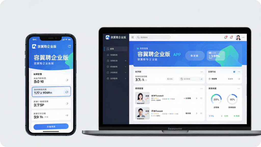 主体:容翼聘企业版APP在手机和电脑上同时运行的场景,体现多端同步;布局:左侧是手机,右侧是笔记本电脑,屏幕均显示招聘管理界面;排版:主体突出,背景为干净的浅灰色;风格:科技感,现代商务风;细节:手机和电脑屏幕上都显示“容翼聘企业版”界面,色彩清晰;画质:高清,干净无多余元素。
