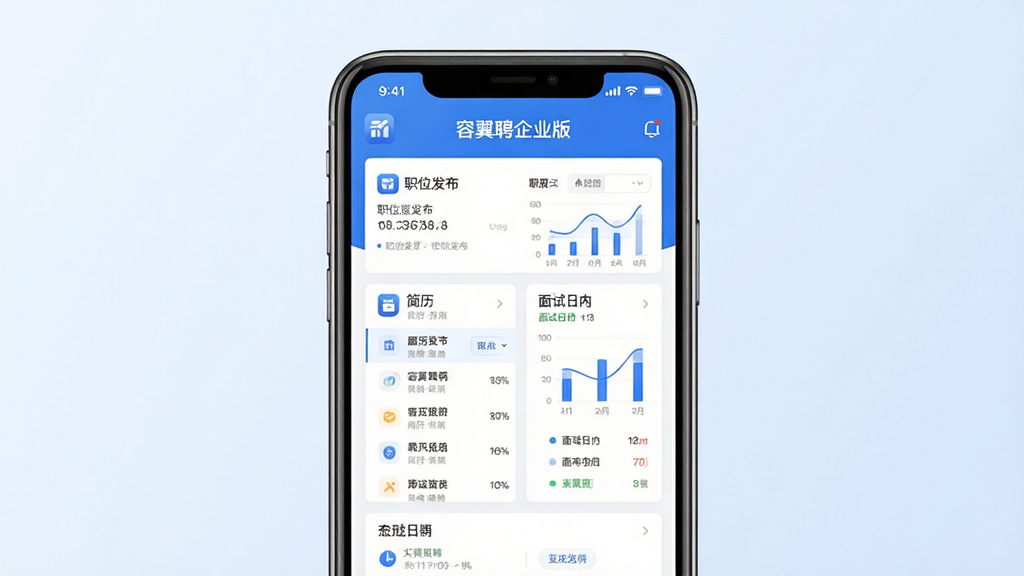 主体:容翼聘企业版APP界面展示,手机屏幕上有清晰的招聘管理面板,包含职位发布、简历列表、面试日历等模块;布局:手机居中,四周留白,背景为淡蓝色渐变,体现专业商务感;排版:界面元素整齐排列,文字标签清晰可读;风格:现代扁平化设计,色彩以蓝色和白色为主,简洁明快;细节:屏幕中显示“容翼聘企业版”字样,图标精致,数据图表直观;画质:高清渲染,干净无多余元素。