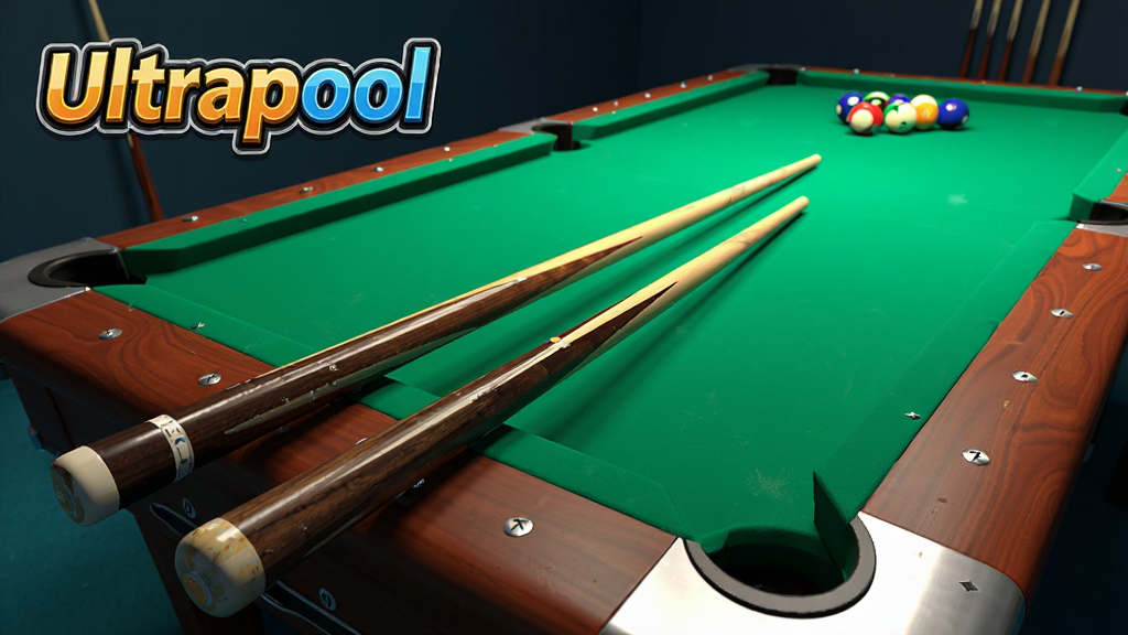 Ultrapool游戏主界面预览图,展示色彩鲜明的3D台球桌,球杆特写,左上角显示游戏logo“Ultrapool”,整体布局清晰,UI简洁,风格写实,细节丰富,画质高清,干净无多余元素