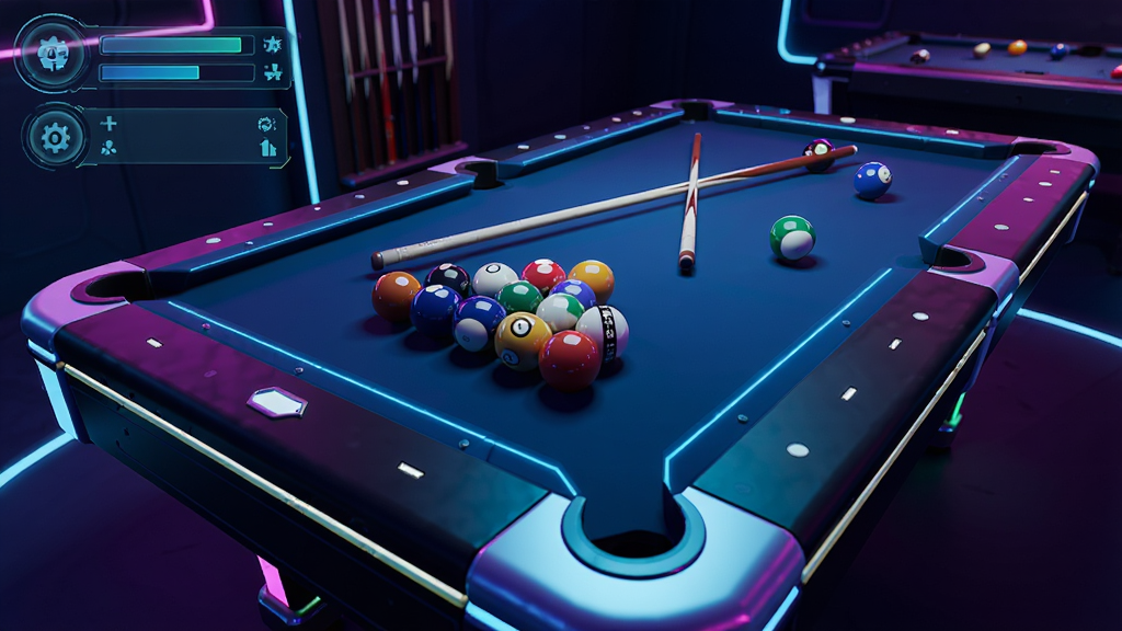 Ultrapool游戏画面展示图,展示一张霓虹风格的3D台球桌,球的材质反光清晰,场景光影绚丽,UI设计精致,风格科幻,细节丰富,画质高清,干净无多余元素