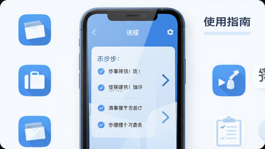 画面主体为家长手机屏幕显示应用主界面,周围有应用图标和“使用指南”字样。布局:手机居中,屏幕内容清晰。排版:左侧有步骤列表,右侧有箭头指示。风格:简洁扁平,蓝色调。细节:手机边框圆角,屏幕有反光。画质:高清,画面干净。
