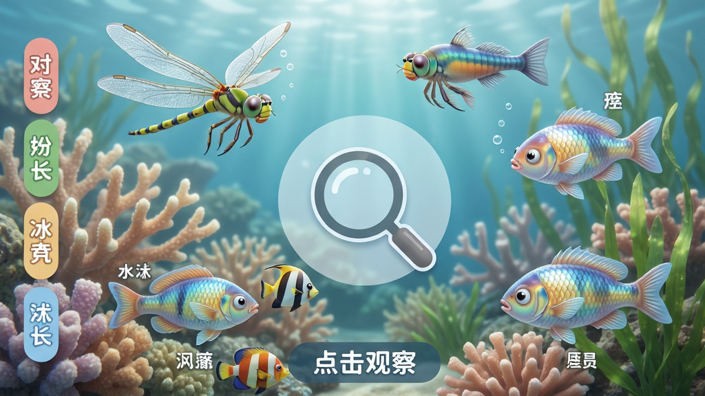 画面主体为水下生态场景,多种水生生物分布在珊瑚和水草间,每个生物旁有中文名称标签。布局:生物错落有致,中心区域空出放置放大镜图标。排版:左侧竖排标签,底部有“点击观察”提示。风格:写实与卡通结合,色彩柔和。细节:蜻蜓翅膀半透明,小鱼鳞片反光。画质:高清细腻,干净无杂质。