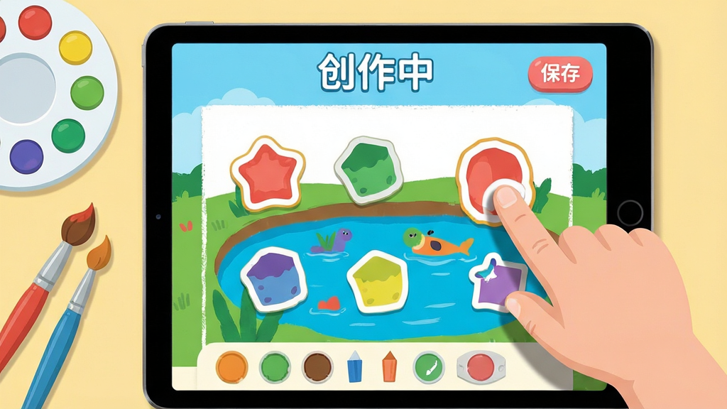 画面主体为儿童手指在平板屏幕上拖拽贴纸,周围有调色盘、画笔和半成品池塘背景。布局:作品画布在中央,工具栏在底部。排版:上方有“创作中”字样,右侧有保存按钮。风格:明亮活泼,扁平化图标。细节:手指有轻微阴影,贴纸边缘有描边。画质:超清,画面整洁。