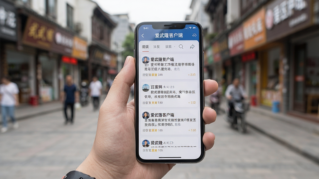 主体:用户手持手机使用爱武隆客户端,屏幕显示社区论坛页面。布局:用户手部特写,背景为模糊的武隆街道。排版:论坛帖子列表清晰可见。风格:真实生活场景,自然光。细节:屏幕上有