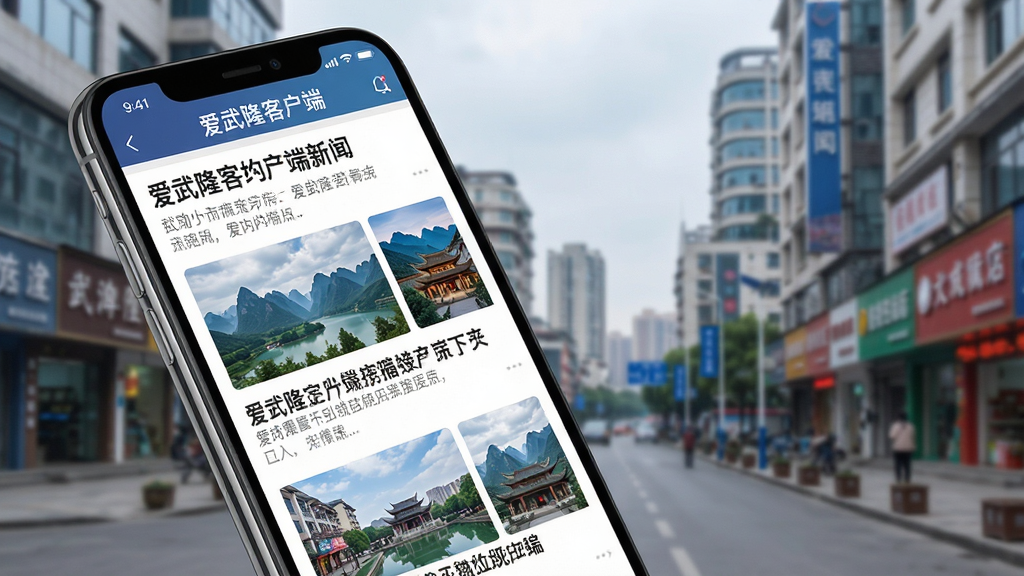 主体:手机屏幕展示爱武隆客户端新闻资讯页面,有图文并茂的新闻列表。布局:手机左侧倾斜,背景为武隆城区街景。排版:新闻标题醒目,配图清晰。风格:新闻类APP常见风格,简洁专业。细节:屏幕上方显示