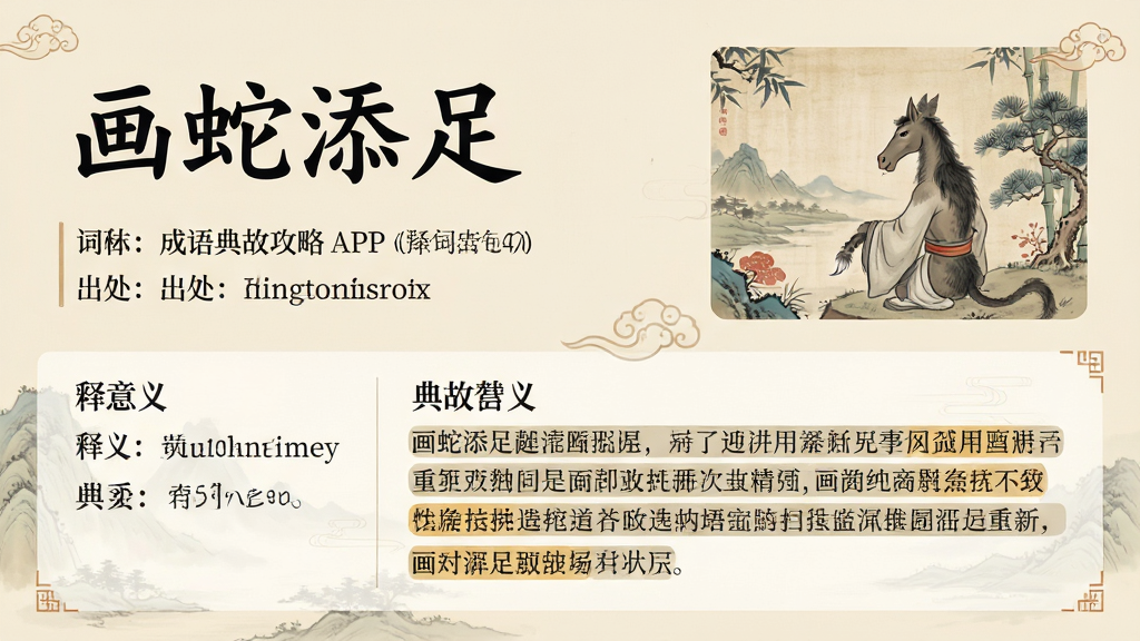 主体:成语典故攻略APP的词条详情界面,显示“画蛇添足”成语,包含释义、出处、典故段落。布局:上方为成语大字,下方分栏展示释义与典故,右侧配古风插图。排版:信息层级清晰,字体优雅。风格:扁平化设计搭配国潮元素,米黄底色。细节:典故文字旁有高亮标注。画质:高清渲染,干净整洁。