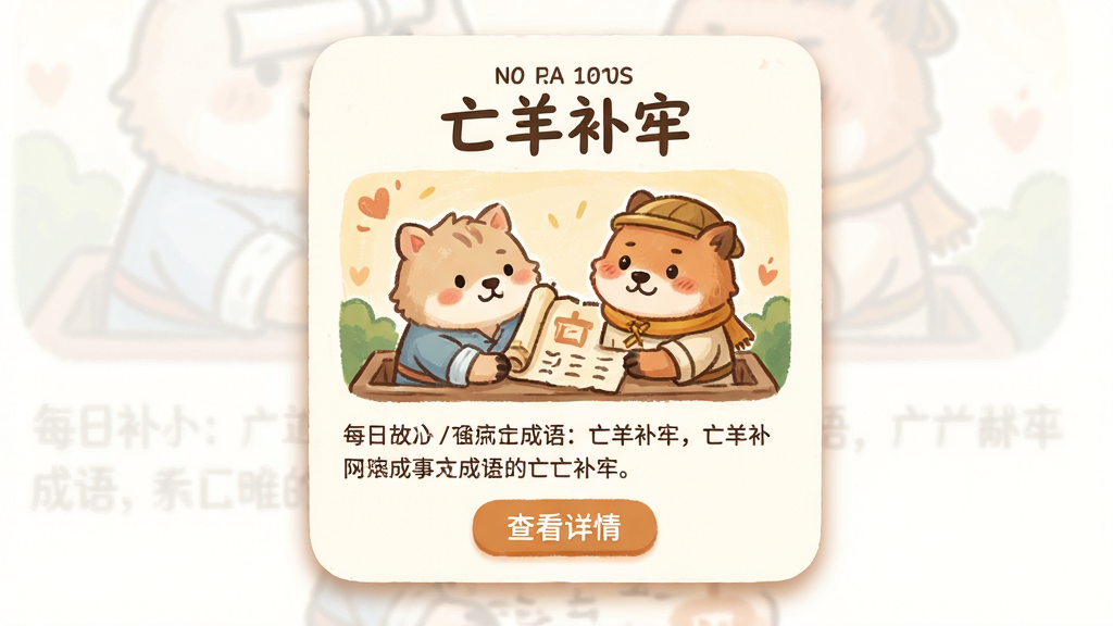 主体:成语典故攻略APP的每日推荐卡片,展示成语“亡羊补牢”及插画。布局:卡片居中,上方为成语,下方为简短故事和“查看详情”按钮。排版:圆角卡片,柔和阴影。风格:清新手绘风,暖色系。细节:插画生动可爱。画质:干净,无多余元素。