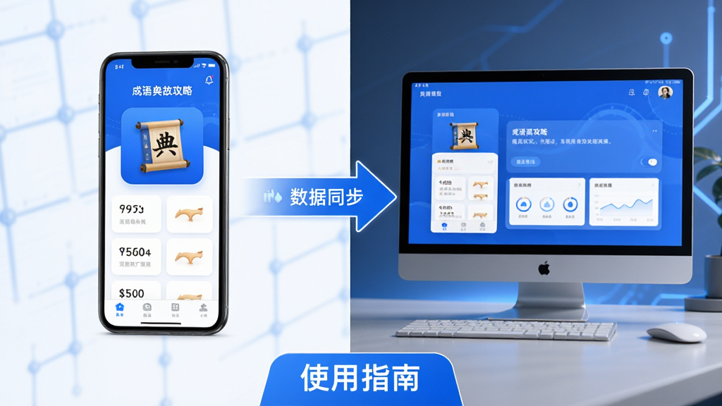 主体:成语典故攻略APP在手机和电脑上的使用场景对比图。布局:左侧手机,右侧电脑,中间有数据同步箭头。排版:分屏展示,底部有“使用指南”字样。风格:简洁科技风,蓝白配色。细节:设备屏幕显示应用界面。画质:高清,干净无多余元素。