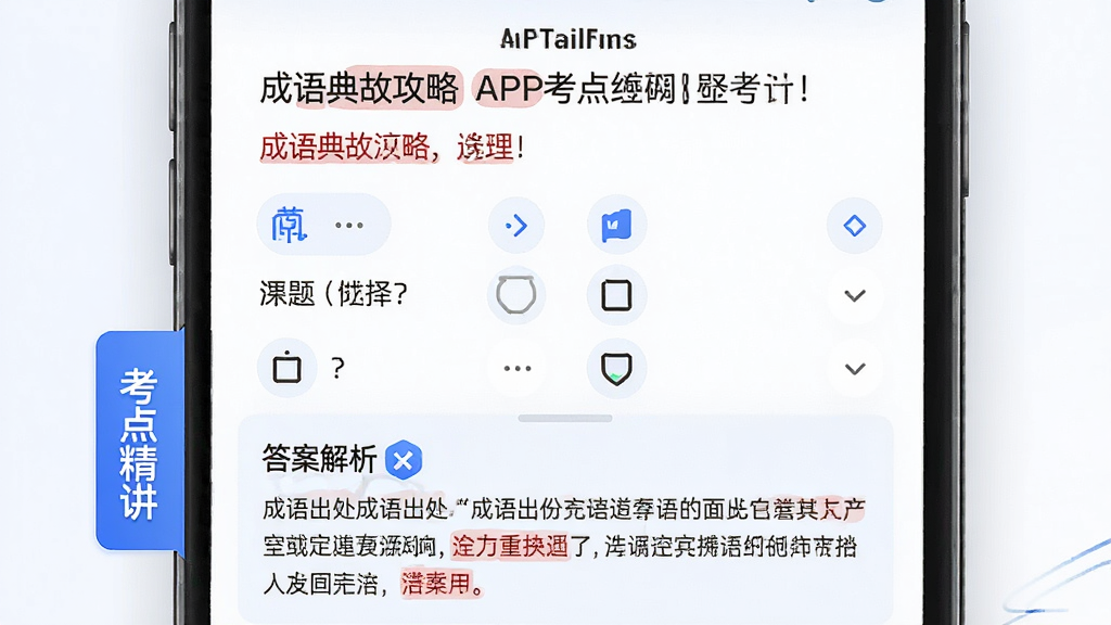 主体:成语典故攻略APP的考点练习界面,展示选择题与答案解析。布局:屏幕上方为题目,下方为选项和解析区域,左侧有“考点精讲”标签。排版:清晰有序,重点内容用红色标出。风格:现代教育风,白色背景搭配蓝色点缀。细节:解析文字包含成语出处。画质:高清,无多余元素。