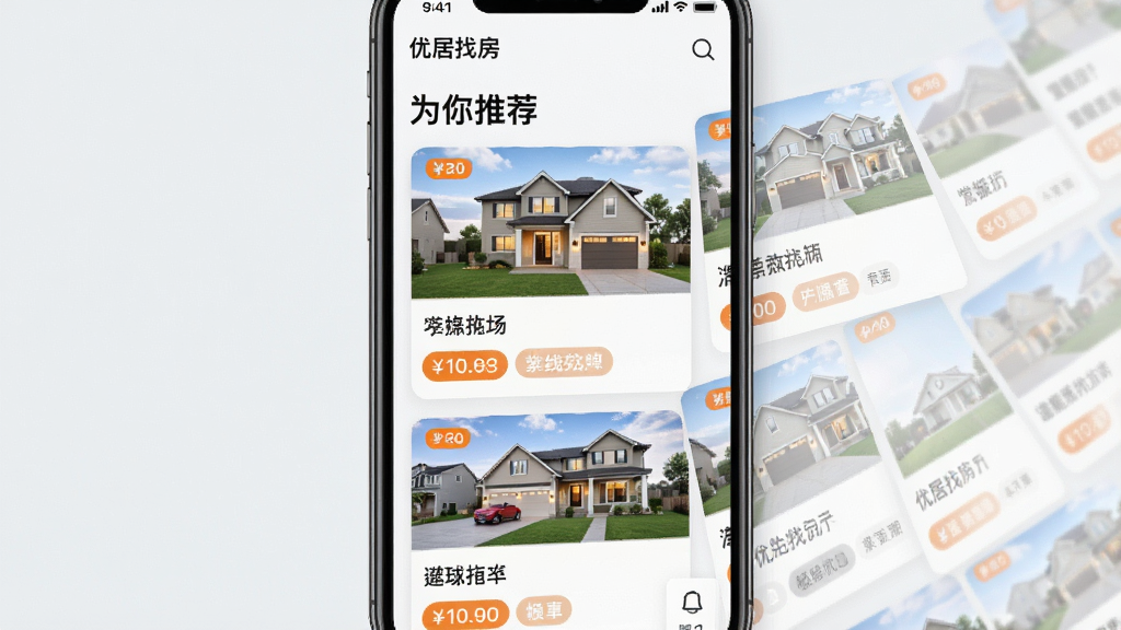 主体为手机界面展示“优居找房”的智能推荐页面,页面中多个房源卡片错落排列,每张卡片显示房屋缩略图、价格和标签,界面顶部有“为你推荐”标题。布局为网格状,背景为淡灰色,风格清爽,细节包括标签用橙色高亮,画质干净明亮,无多余元素。