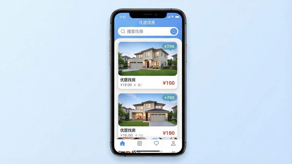 画面主体为智能手机屏幕展示“优居找房”APP界面,界面顶部显示搜索栏,中间为房源卡片列表,卡片上有房屋图片和价格标签,底部导航栏清晰。整体布局采用上下结构,手机居中,背景为柔和的浅蓝色渐变,风格简洁现代,细节包括卡片阴影、圆角设计,画质高清干净,无多余元素,屏幕中显示“优居找房”字样。