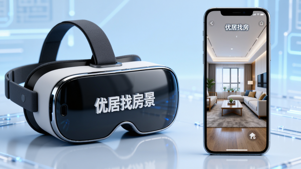 主体为VR眼镜和手机组合展示“优居找房”VR看房场景,手机屏幕中显示房屋客厅全景图,画面立体感强。布局为左右结构,VR眼镜放在左侧,手机在右侧,背景为淡蓝色科技感,风格现代,细节包括光线反射,画质清晰干净,无多余元素。