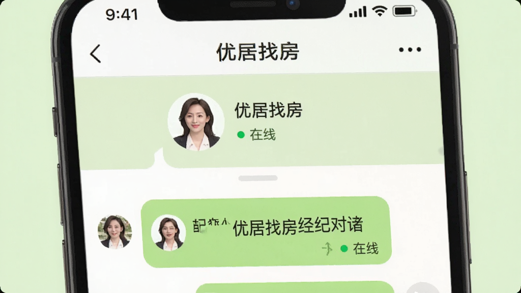 主体为手机聊天界面展示“优居找房”经纪人对话窗口,画面上方显示经纪人头像和名称,下方为对话气泡。布局为上下结构,背景为浅绿色,风格亲和,细节包括“在线”状态绿点,画质柔和清晰,无多余元素。
