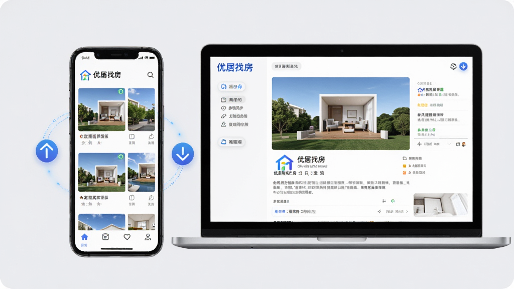 主体为手机和电脑并排展示“优居找房”多端同步场景,手机屏幕显示房源列表,电脑屏幕显示同一房源详情。布局为左右对称,背景为淡灰色,风格科技感,细节包括同步箭头图标,画质高清干净,无多余元素。