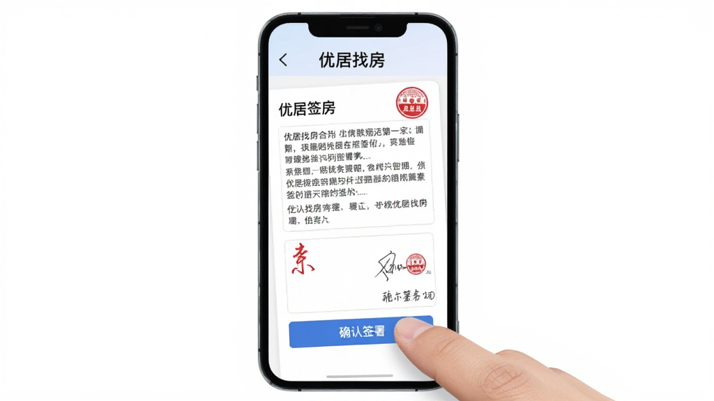 主体为手机屏幕展示“优居找房”在线签约页面,界面显示合同文本和签字区域,手指正在点击“确认签署”按钮。布局居中,背景为纯白色,风格商务简约,细节包括红色印章图标,画质干净利落,无多余元素。