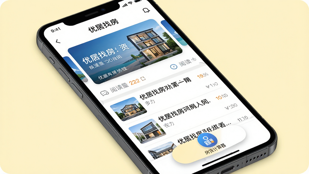 主体为手机屏幕展示“优居找房”资讯页面,页面顶部为轮播图,下方为新闻列表,同时底部悬浮房贷计算器图标。布局为列表式,背景为淡黄色,风格清爽,细节包括阅读量数字,画质干净,无多余元素。