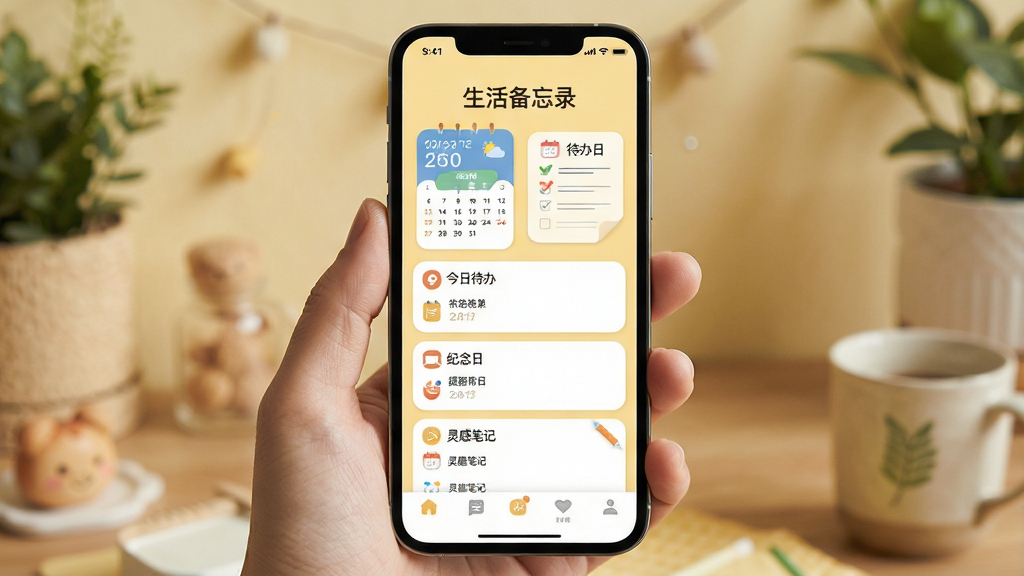 主体:生活备忘录软件的界面展示,手机屏幕显示主界面,背景是温馨的浅黄色调,界面上有日历、待办清单、提醒闹钟等元素。布局:手机居中,界面清晰展示“生活备忘录”字样,下方有今日待办、纪念日、灵感笔记等模块。排版:简洁的列表式布局,图标圆润,文字清晰。风格:扁平化设计,色彩柔和,整体氛围温暖、生活化。细节:界面左上角有日期天气,底部有导航栏,模拟真实使用场景。画质:高清,干净,无多余元素。