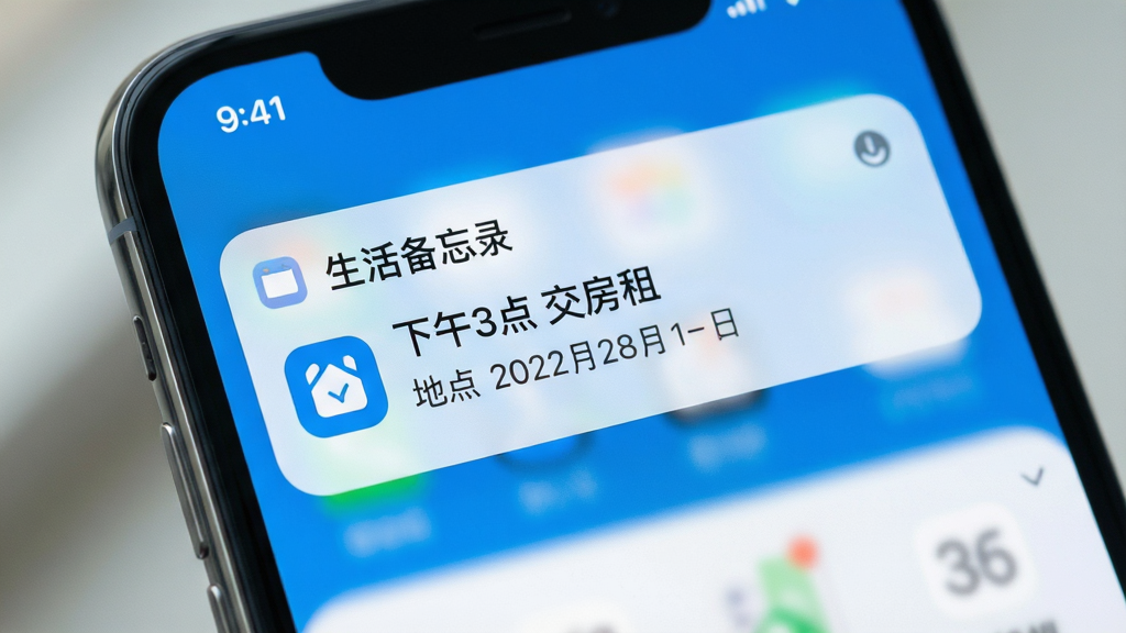 主体:生活备忘录软件的智能提醒功能演示,手机通知栏显示一条提醒消息。布局:手机屏幕特写,通知栏上有“生活备忘录”的提醒卡片,内容为“下午3点 交房租”。排版:通知卡片圆角设计,有图标和文字。风格:清爽的蓝白色调,科技感与生活感结合。细节:时间、日期、地点等要素齐全,背景虚化处理。画质:高清,干净,无多余元素。
