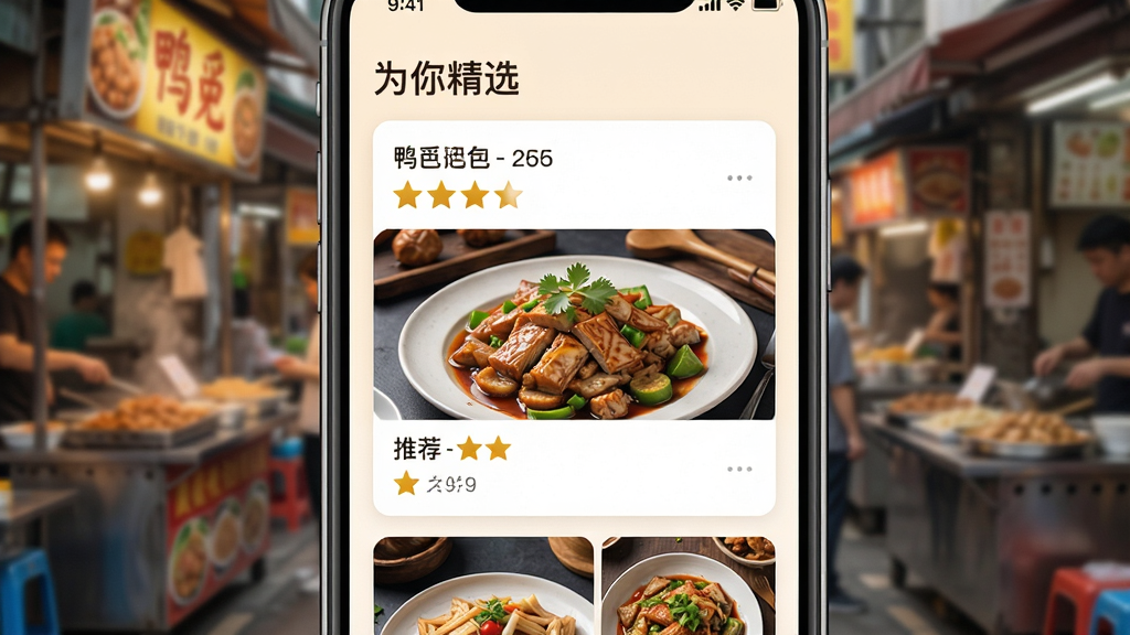 主体:手机界面展示鸭觅智能推荐页面,包含多个餐厅卡片和菜品图片;布局:手机占据画面中心,卡片纵向排列,背景为模糊的街道美食场景;排版:卡片上显示餐厅名称、评分和推荐菜,顶部有“为你精选”标题;风格:清新简约,暖色调;细节:菜品图片高清诱人,评分星级金色高亮;画质:细腻清晰,干净,无多余元素