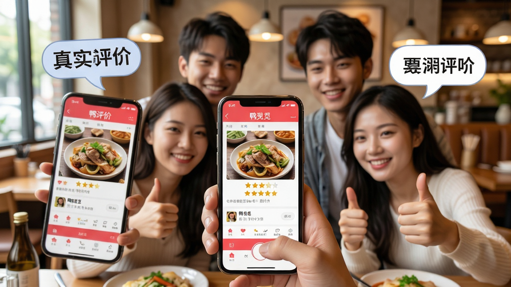 主体:一群年轻人在餐厅里用手机拍照并点赞,屏幕上有鸭觅App评价页面;布局:人物居中,手机特写,背景为温馨的餐厅环境;排版:画面中融入“真实评价”文字气泡;风格:写实摄影风格,自然光线;细节:食物照片、笑脸、五星好评图标;画质:高分辨率,干净,无多余元素