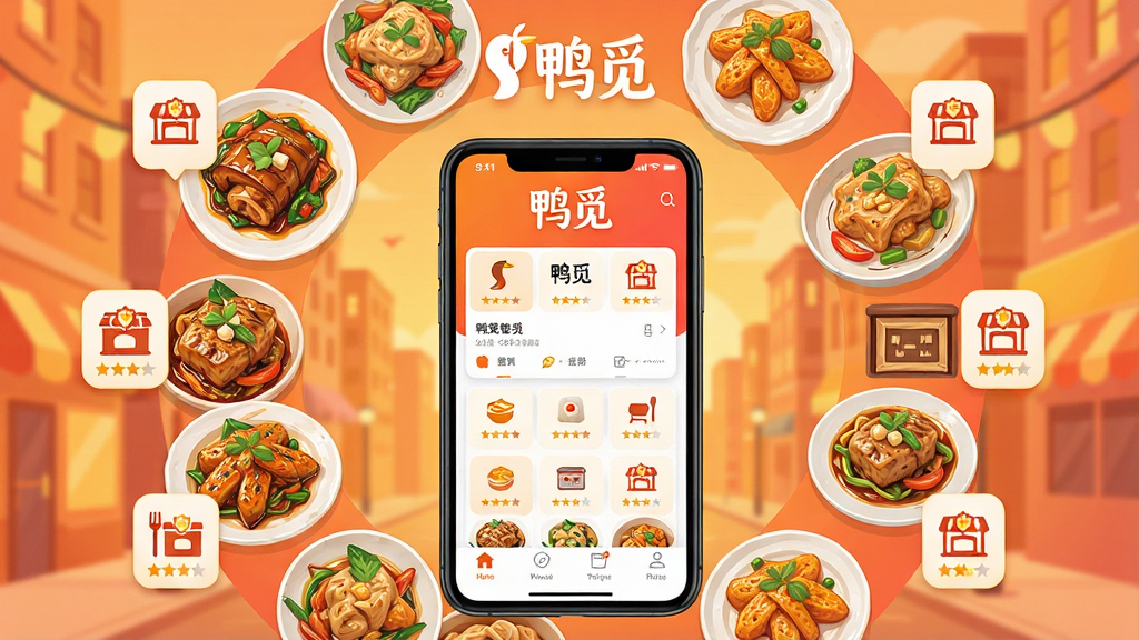 主体:手机屏幕展示鸭觅App界面,周围环绕各式美食图片和餐厅图标;布局:手机居中,美食元素呈环形分布,背景为暖色渐变的城市街景;排版:界面清晰,图标错落有致,上方有“鸭觅”字样logo;风格:现代扁平化设计,色彩鲜艳明亮;细节:食物图片精致诱人,餐厅图标带有星级评分;画质:4K高清,干净,无多余元素