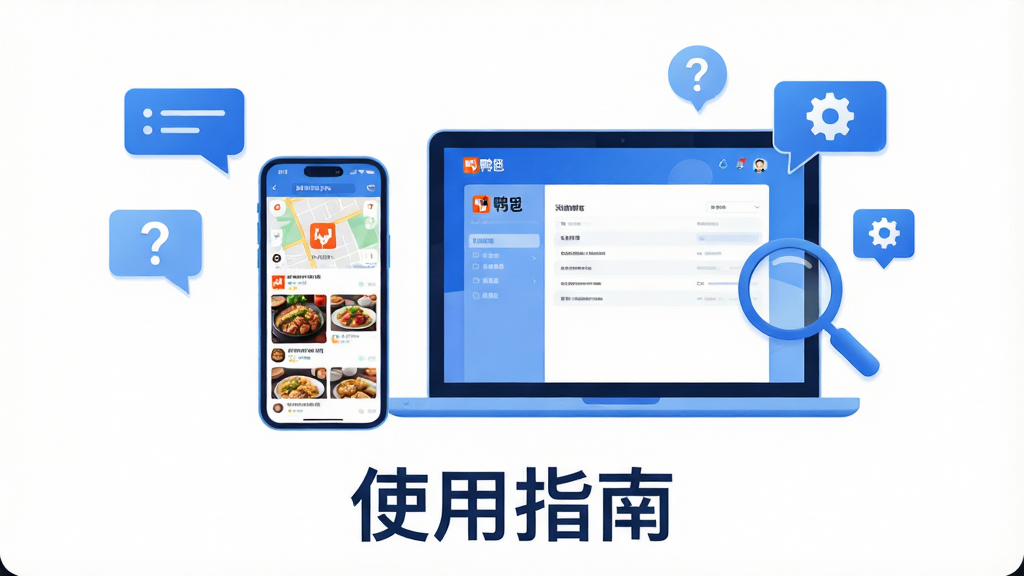 主体:手机和笔记本电脑并排摆放,屏幕上显示鸭觅App界面,旁边有放大镜和设置齿轮图标;布局:设备居中,周围有对话框和问号图标;排版:画面下方有“使用指南”字样;风格:科技感插画风格,蓝色主调;细节:手机屏幕上显示地图和餐厅列表,电脑屏幕显示设置页面;画质:高清晰度,干净,无多余元素