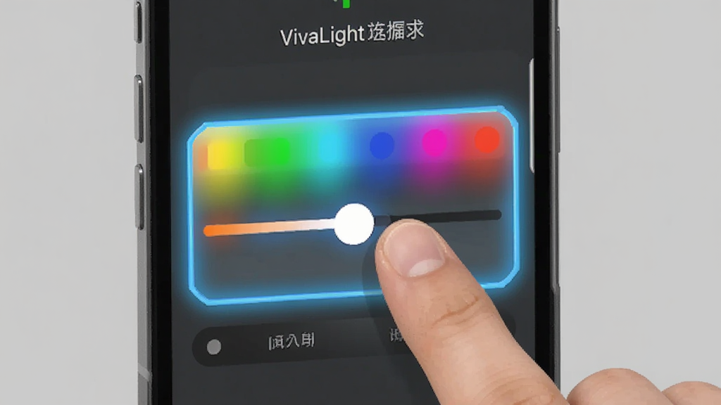 VivaLight软件运行在手机上的使用教程示意图,屏幕显示手指正在拖动一个调色滑块,界面高亮显示操作区域,背景为简洁的灰色调,风格清晰明了,画质干净,无多余元素。