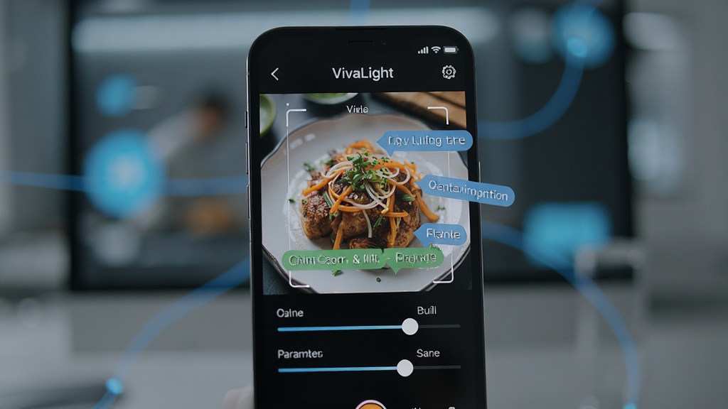 VivaLight软件在手机屏幕上运行,展示AI场景识别功能,界面中一张美食照片被识别并自动标注出优化建议,屏幕上有简洁的参数调节滑块,背景虚化,整体风格现代科技感,画质清晰干净,无多余元素。