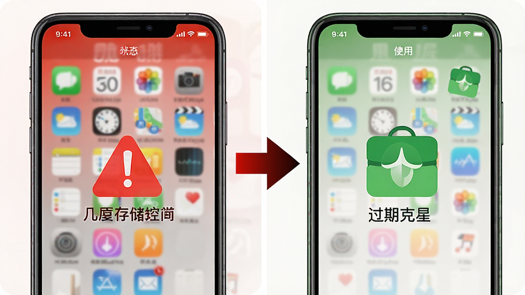 一张对比图风格的预览图片,左侧是清理前手机存储空间几乎爆满的红色警示状态,右侧是使用“过期克星”清理后绿色健康的充足空间状态,中间有箭头指示转换过程,画面色彩鲜明,对比强烈,风格简洁直观,画质干净