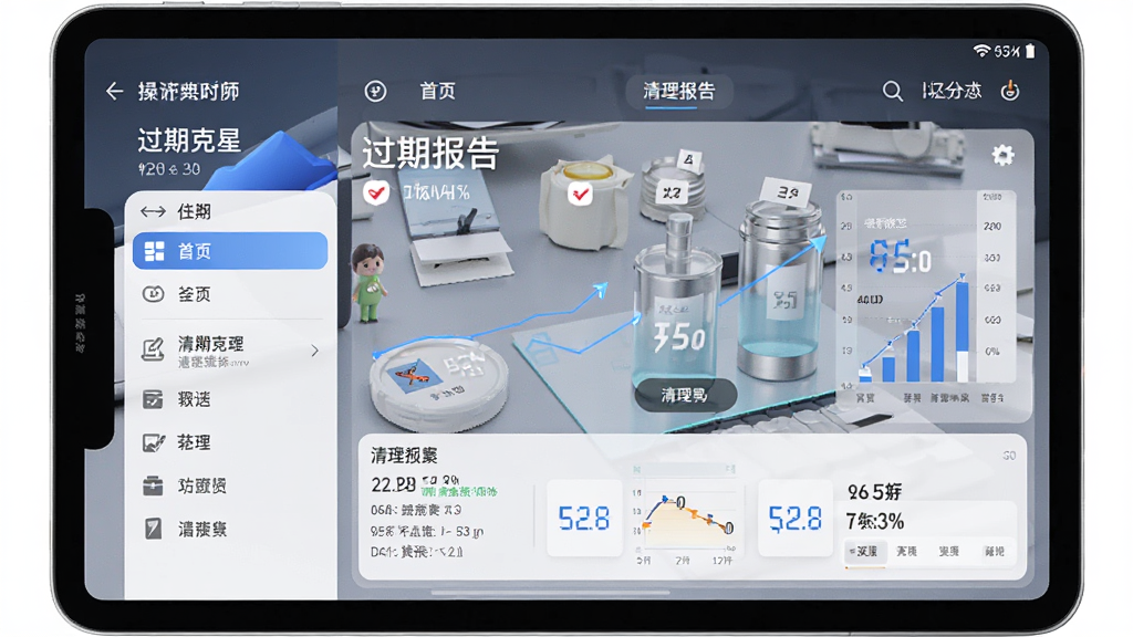 一张手机横屏操作预览图,画面展示“过期克星”在安卓平板上的运行效果,界面布局自适应宽屏,左侧是功能菜单栏,右侧是详细的清理报告图表,风格商务简洁,画质干净,无多余元素