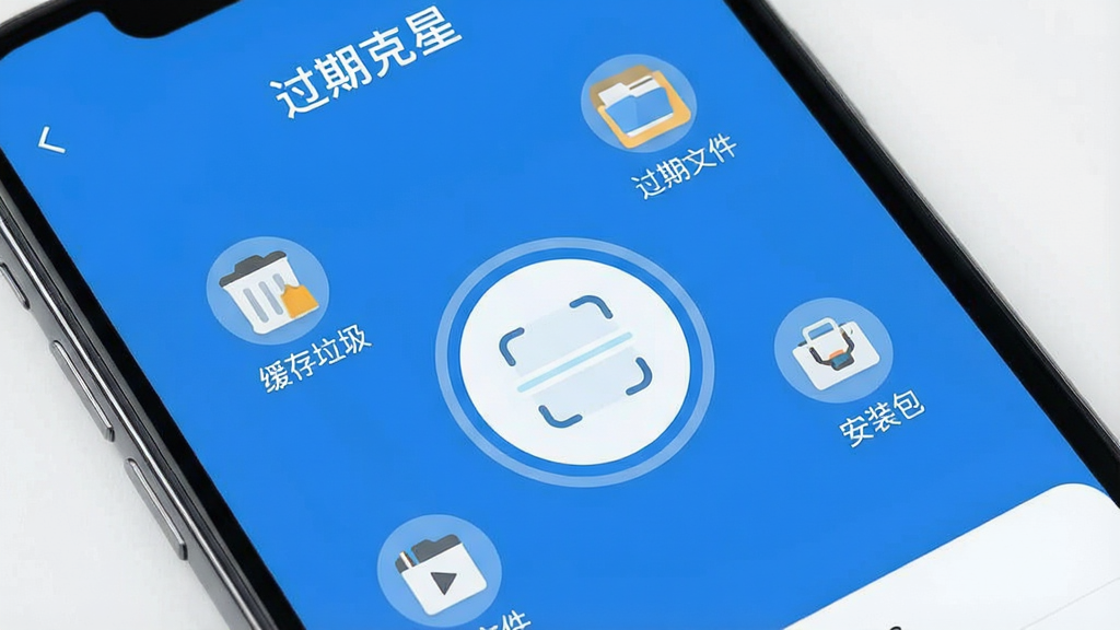 一张展示智能手机屏幕的图片,屏幕上是“过期克星”应用的主界面,界面以清爽的蓝白配色为主,中央显示一个圆形扫描按钮,周围环绕着“缓存垃圾”、“过期文件”、“安装包”等分类图标,整体布局简洁明了,风格现代扁平,画质干净,无多余元素