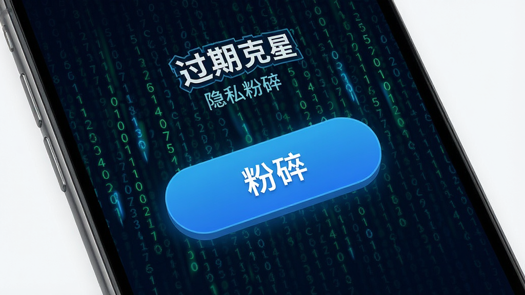 一张手机应用界面预览图,屏幕展示“过期克星”的隐私粉碎功能页面,中央有醒目的粉碎按钮,背景有数字代码雨效果,营造一种安全、可靠、高科技的氛围,布局专业,画质干净,无多余元素
