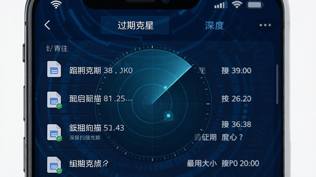 一张手机应用截图预览图,展示“过期克星”正在进行深度扫描,屏幕上有动态的雷达扫描动画效果,背景以深蓝色科技感为主,列表上逐条显示扫描到的过期文件名称、大小和最后使用时间,画面清晰,布局专业,画质干净,无多余元素