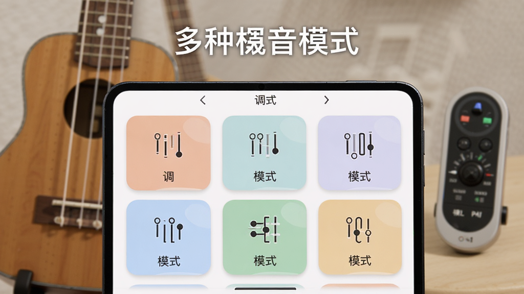 尤克里里调音软件调音模式选择界面,屏幕列出多种调音模式选项,背景是一把尤克里里和调音器,界面采用卡片式布局,色彩柔和,画质干净,无多余元素,图片上标注