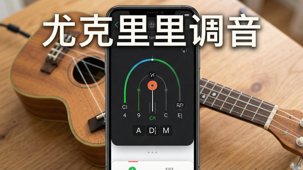 一张尤克里里调音软件的主界面截图,手机屏幕中央显示调音指针和音名显示,背景为木质桌面,摆放一把尤克里里,界面风格简洁明亮,色彩清新,画质干净,无多余元素,图片上标注文字