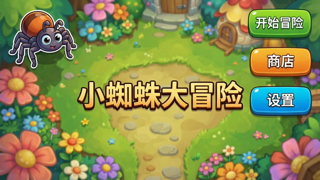 游戏主界面截图,左上角显示玩家的蜘蛛角色,右侧有“开始冒险”“商店”“设置”等按钮,背景是色彩斑斓的花园俯瞰图,主体为界面元素,布局合理,排版清晰,卡通UI风格,细节丰富,画质高清,干净无多余元素,画面中央有文字“小蜘蛛大冒险”。